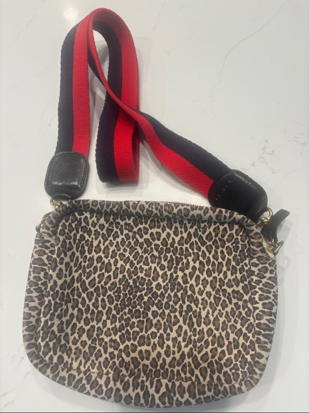 Clare V Leopard Print Midi Purse with Red & Dark Navy Strap